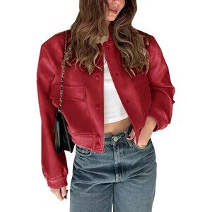 Women Red Cropped Bomber Jacket Button Down Varsity Shacket with Pockets